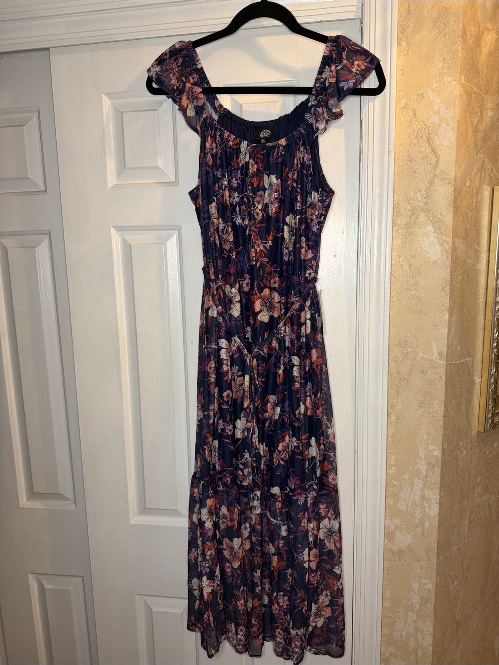 bobeau Navy Floral Ruffle-Shoulder Dress